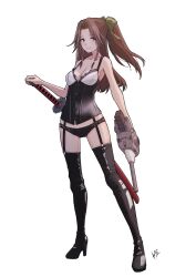  adapted_turret alternate_costume alternate_weapon black_footwear black_garter_straps black_panties boots breasts brown_eyes brown_hair bustier cannon female full_body garter_straps hair_intakes half_updo high_heel_boots high_heels highres jintsuu_(kancolle) kantai_collection katana long_hair medium_breasts neve_(morris-minicooper) panties rigging scabbard sheath sheathed solo sword thigh_boots underwear weapon 