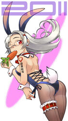  2011 animal_ears ass back back-seamed_legwear bad_id bad_pixiv_id breasts bridal_garter carrot cowboy_shot cross-laced_clothes dated earrings extra_ears female floating_hair glasses grey_hair heart highres jewelry leotard long_hair looking_at_viewer looking_back medium_breasts nail_polish nakamura_tetsuya new_year one_eye_closed original pantyhose photoshop_(medium) playboy_bunny rabbit_earrings rabbit_ears rabbit_tail red_eyes rimless_eyewear round_eyewear seamed_legwear side-tie_leotard sideboob solo tail translated wrist_cuffs 