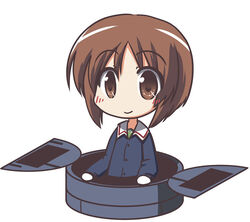  blue_jacket blush brown_eyes brown_hair chibi commentary_request female fictional_sister girls_und_panzer green_shirt jacket long_sleeves looking_at_viewer military military_uniform nishizumi_miho ooarai_military_uniform shirt short_hair solo tank_turret uniform white_background 