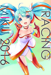  2016 absurdres ahoge aqua_eyes aqua_hair bad_id bad_pixiv_id character_name elbow_gloves female gloves goodsmile_company goodsmile_racing hatsune_miku headphones highres kyo_(kyo21413) long_hair open_mouth orange_gloves orange_thighhighs racing_miku racing_miku_(2016) solo thighhighs twintails vocaloid 