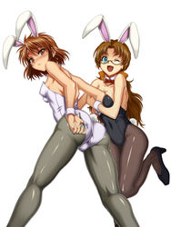  2girls animal_ears ass blue_eyes blush brown_eyes brown_hair commentary_request glasses highres ibis_douglas kneepits legs leotard long_hair multiple_girls one_eye_closed pantyhose playboy_bunny rabbit_ears rabbit_tail super_robot_wars syunzou tail tsugumi_takakura wrist_cuffs 