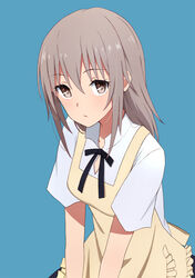  apron blush brown_eyes brown_hair commentary_request female highres long_hair looking_at_viewer muranushi_sayuri short_sleeves simple_background solo wagnaria_uniform waitress working!! working!!_(web_manga) yahiro_(epicopeiidae) 