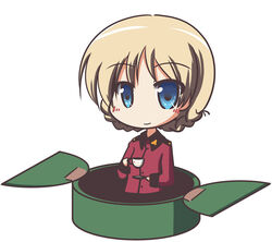  blonde_hair blue_eyes blush braid chibi commentary_request cup darjeeling_(girls_und_panzer) female fictional_sister girls_und_panzer holding jacket long_sleeves looking_at_viewer military military_uniform red_jacket short_hair solo st._gloriana&#039;s_military_uniform tank_turret teacup twin_braids uniform white_background 