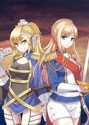  2girls blonde_hair blue_eyes braid breasts commentary_request epaulettes french_braid gloves highres large_breasts long_hair military military_uniform multiple_girls pawnluoluo photoshop_(medium) richelieu_(warship_girls_r) smile sword thighhighs uniform vanguard_(warship_girls_r) warship_girls_r weapon white_gloves yellow_eyes 