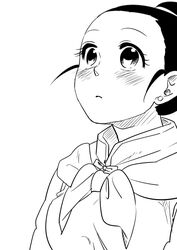  blush chi-chi_(dragon_ball) chinese_clothes commentary_request dragon_ball dragon_ball_z earrings expressionless female fukuko_fuku greyscale jewelry looking_away monochrome simple_background solo tied_hair white_background 