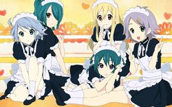  5boys afuro_terumi blonde_hair blue_hair brown_eyes crossdressing crossdressing eyebrow eyebrows fubuki_shirou green_eyes green_hair hair_ornament hair_over_one_eye hairclip inazuma_eleven inazuma_eleven_(series) k-on! kazemaru_ichirouta long_hair lying maid maid_headdress male male_focus mary_janes mistorene_callus multiple_boys parody peace pixiv_thumbnail purple_eyes red_eyes resized shoes short_hair sitting smile style_parody suzuno_fuusuke trap v white_hair 