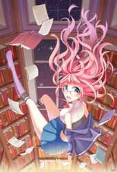  bad_id bad_pixiv_id blue_eyes book bookshelf boots cross-laced_footwear falling female glasses indoors knee_boots lace-up_boots looking_at_viewer looking_back looking_over_eyewear night pages pink-framed_eyewear pink_hair pleated_skirt purple_footwear skirt sky socks solo star_(sky) starry_sky tobi_(mue86) window 