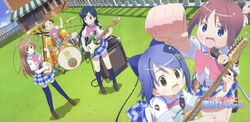  5girls album_cover amamiya_manami amplifier antenna_hair bachi bass_guitar blue_eyes blue_hair bow brown_eyes brown_hair cover drum drum_set electric_guitar etou_mei gakuen_utopia_manabi_straight! grass guitar hair_ornament hairbow highres inamori_mika instrument long_hair microphone multiple_girls odori_momoha outdoors plaid plaid_skirt plectrum red_hair school_uniform shamisen short_hair skirt thighhighs uehara_mutsuki zettai_ryouiki 