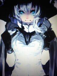  abyssal_ship black_gloves blue_eyes blurry bodysuit canvas_(medium) close-up commentary_request female gloves glowing glowing_eyes hat kantai_collection kino_ko looking_at_viewer pale_skin protected_link scan smile solo standing traditional_media upper_body white_hair wo-class_aircraft_carrier 