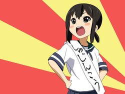  black_eyes black_hair blush_stickers commentary_request female fubuki_(kancolle) k-on! kantai_collection nakano_azusa parody ponytail school_uniform seijou serafuku smile uniform 