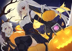  2girls animal_ears bare_tree basket black_legwear black_skirt blouse blush breasts candy cat_ears cat_tail checkered_clothes checkered_legwear chinese_commentary commentary_request cross dinergate_(girls&#039;_frontline) food full_moon girls&#039;_frontline halloween highres iws_2000_(girls&#039;_frontline) iws_2000_(the_seventh_sealer)_(girls&#039;_frontline) jack-o&#039;-lantern long_hair long_sleeves looking_at_viewer mag_(mag42) medium_breasts miniskirt moon multiple_girls night non-humanoid_robot nun official_alternate_costume open_mouth p7_(girls&#039;_frontline) p7_(sister_gunslinger)_(girls&#039;_frontline) parted_lips ponytail pumpkin purple_eyes red_eyes robot sangvis_ferri shirt sitting skirt smile tail thick_thighs thighhighs thighs tree underbust very_long_hair white_hair white_shirt zettai_ryouiki 