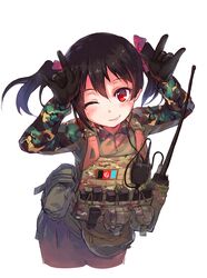  \m/ afghan_flag ammunition_pouch arms_up black_hair blush body_armor bulletproof_vest camouflage commentary_request double_\m/ fangdan_runiu fanny_pack female gloves love_live! love_live!_school_idol_project magazine_(weapon) military nico_nico_nii one_eye_closed patch pouch push-to-talk_device radio radio_antenna red_eyes revision short_hair short_twintails solo tourniquet twintails walkie-talkie white_background woodland_camouflage yazawa_nico 