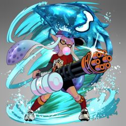  bad_id bad_pixiv_id bike_shorts blowing_bubbles blue_hair chewing_gum female glint gradient_hair grey_background gun hat heavy_splatling_(splatoon) huge_weapon ink_tank_(splatoon) inkling inkling_girl inkling_player_character kraken kraken_(splatoon) light_purple_hair multicolored_hair naokado orange_eyes pointy_ears shoes sneakers splatoon_(series) splatoon_1 tentacle tentacle_hair tornado weapon 