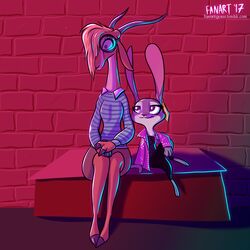  1:1 2017 antelope anthro barefoot black_mirror blush bovid brick_wall chest_tuft clothed clothing cross crossover disney duo ear_piercing eyewear fanartiguess feet female fur gazelle gazelle_(zootopia) glasses hair hair_over_eye hands_on_lap hi_res horn jacket jewelry judy_hopps lagomorph leporid mammal necklace one_eye_obstructed open_clothing open_jacket open_topwear piercing purple_eyes rabbit signature simple_background sitting text topwear tuft url wall_(structure) zootopia 