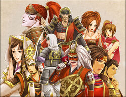  3girls 6+boys 7boys armor aya_gozen black_eyes black_hair blonde_hair brown_eyes brown_hair chains detached_sleeves earrings fan female fuuma_kotarou gloves green_eyes hairband hat headband hojo_ujiyasu hood japanese_clothes jewelry kaihime kunoichi_(sengoku_musou) long_hair male mask midriff multiple_boys multiple_girls naoe_kanetsugu necklace open_mouth pipe ponytail purple_skin red_hair robe sanada_yukimura sanada_yukimura_(sengoku_musou) scar scarf sengoku_musou sengoku_musou_2 sengoku_musou_3 sensenni shima_sakon short_hair takeda_shingen tattoo uesugi_kenshin white_hair 