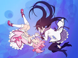  2girls akemi_homura akemi_homura_(magical_girl) black_hair bow closed_eyes commentary_request dress frills gloves hairband hairbow holding_hands kaname_madoka kaname_madoka_(magical_girl) kneehighs layered_sleeves long_hair magical_girl mahou_shoujo_madoka_magica mahou_shoujo_madoka_magica_(anime) multiple_girls pantyhose photoshop_(medium) pink_hair ribbon rotational_symmetry sasaki_mitsuru short_twintails socks thighhighs twintails 