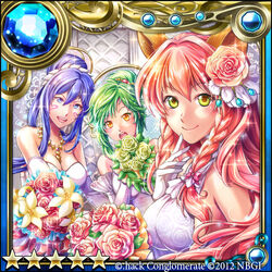  .hack// 3girls :o animal_ears blue_eyes blue_hair bouquet bride commentary_request elemia_(guilty_dragon) facial_mark flower fox_ears gem green_eyes green_hair guilty_dragon hair_bun hair_flower hair_ornament jewelry kazura_enji kokore_(guilty_dragon) long_hair looking_at_viewer multiple_girls necklace pink_hair red_flower red_rose rose short_hair single_hair_bun smile star_(symbol) tattoo upper_body wolf_of_the_wilderness_(guilty_dragon) yellow_eyes 