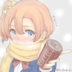  blue_eyes blush can canned_coffee commentary_request drink_can female gogi kosaka_honoka love_live! love_live!_school_idol_project one_side_up orange_hair scarf scarf_over_mouth side_ponytail solo twitter_username yellow_scarf 