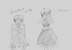  &gt;_&lt; 2girls an-telin blush daiyousei greyscale monochrome multiple_girls photoshop_(medium) recording rumia short_hair short_sleeves sitting touhou 