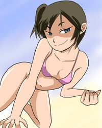  bare_shoulders bikini black_hair d-frag! female flat_chest grey_eyes kudanshita midriff navel short_hair side_ponytail smile swimsuit 