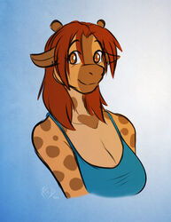  anthro breasts bust_portrait cleavage clothed clothing conditional_dnp digital_media_(artwork) female giraffe giraffid hair horn kadath looking_at_viewer mammal ossicone portrait puzzle_(kadath) simple_background smile solo spots 