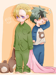  2boys aged_down bad_id bad_pixiv_id barefoot blanket blonde_hair commentary_request daryl_yan full_body green_hair guilty_crown kidou_kenji lolicon male_focus multiple_boys pajamas purple_eyes rubbing_eyes shinada_(3097728) sleepy stuffed_animal stuffed_toy tears teddy_bear yellow_eyes 