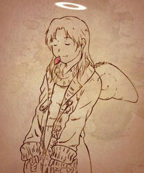  aaru_sentou_shuudan angel female haibane haibane_renmei halo monochrome nemu r_kampfgruppe solo spot_color wings 