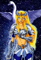  armor blonde_hair cygnus_hyoga cygnus_hyouga female hyoga knights_of_the_zodiac lipstick long_hair makeup rule_63 saint_seiya solo space 