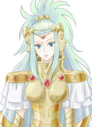  armor bad_id bad_pixiv_id blue_eyes blue_hair cape female gauntlets gemini_integra gold_armor gold_saint long_hair looking_at_viewer ojo_riki open_mouth ponytail saint_seiya saint_seiya_omega simple_background solo white_background 