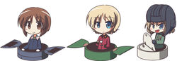  3girls blonde_hair blue_eyes blue_jacket blush braid brown_eyes brown_hair chibi commentary_request cup darjeeling_(girls_und_panzer) fictional_sister girls_und_panzer gloves green_shirt helmet highres holding jacket katyusha_(girls_und_panzer) long_sleeves looking_at_viewer military military_uniform multiple_girls nishizumi_miho oerba_yun_fang ooarai_military_uniform pravda_military_uniform red_jacket shirt short_hair short_jumpsuit smile st._gloriana&#039;s_military_uniform tank_helmet tank_turret teacup tied_hair twin_braids uniform white_background 