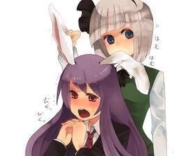  2girls animal_ears bad_id bad_pixiv_id biting blue_eyes blush ear_biting eargasm grey_hair hairband konpaku_youmu long_hair multiple_girls naoko_(juvenile) necktie open_mouth playing_with_another&#039;s_ears purple_hair rabbit_ears red_eyes reisen_udongein_inaba short_hair touhou uncommon_stimulation yuri 