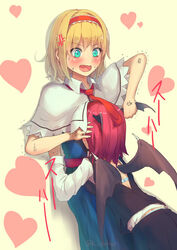  2girls :d alice_margatroid alternate_hair_length alternate_hairstyle anger_vein back back_cutout bat_wings blonde_hair blue_dress blush bra breasts capelet clothing_cutout culter dress embarrassed grabbing_another&#039;s_wing green_eyes hairband head_wings heart koakuma long_sleeves looking_at_another looking_down medium_breasts multiple_girls necktie open_mouth red_hair ribbon sash shirt short_hair short_sleeves skirt skirt_set smile sweat touhou translation_request trembling underwear v-shaped_eyebrows vest wavy_mouth wings yellow_background yuri 