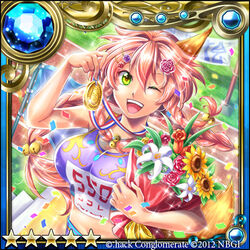  .hack// ;d animal_ears bouquet bra braid commentary_request confetti female flower fox_ears gem green_eyes guilty_dragon hair_flower hair_ornament kazura_enji kokore_(guilty_dragon) long_hair looking_at_viewer medal one_eye_closed open_mouth pink_hair purple_bra round_teeth smile solo star_(symbol) sunflower teeth underwear 