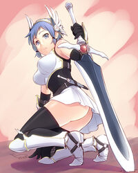  arm_support armor artist_name ass black_gloves black_thighhighs blue_eyes blue_hair breastplate breasts commentary_request elbow_gloves female frown gauntlets gloves greaves hairband korisei looking_back medium_breasts no_panties o-ring original planted planted_sword scabbard sheath short_hair signature skirt solo squatting sword thighhighs weapon 