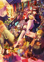  3girls absurdres animal bad_id bad_pixiv_id bare_legs barefoot blue_eyes blunt_bangs bonsai bridal_garter brown_eyes brown_hair candy chikuwa chopsticks colorful convenient_leg eating feet food from_above full_body glasses hairband hakama hakama_skirt hanging_lantern highres horns indoors japanese_clothes kanji kimono lantern light loaded_interior lollipop lying multiple_girls on_back orange_hair original panda paper_lantern playing_games purple_eyes rabbit room sandals short_hair skirt swirl_lollipop xiangqi yoshiku_(oden-usagi) 