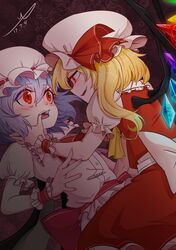  2girls ascot bat_wings blonde_hair blue_hair blush commentary_request dated fangs flandre_scarlet hat long_hair looking_at_another mizuki_(1054311109) multiple_girls oerba_yun_fang red_ascot red_eyes red_skirt remilia_scarlet short_hair siblings side_ponytail signature sisters skirt slit_pupils smile touhou wings wrist_cuffs yellow_ascot 