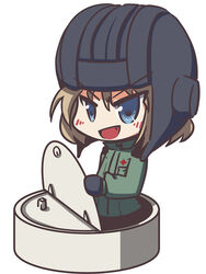  black_gloves blonde_hair blue_eyes blush chibi commentary_request female fictional_sister girls_und_panzer gloves helmet katyusha_(girls_und_panzer) long_sleeves looking_at_viewer military military_uniform oerba_yun_fang pravda_military_uniform short_hair short_jumpsuit solo tank_helmet tank_turret uniform white_background 