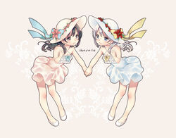  2girls bad_id bad_pixiv_id bare_shoulders black_hair blue_eyes brown_eyes dress flats flower hat holding_hands kashiwagi_sumika legs lolicon multiple_girls original ribbon smile sun_hat sundress white_hair 