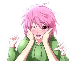  bad_id bad_pixiv_id blush d-frag! female green_(midoriryuu) hands_on_another&#039;s_cheeks hands_on_another&#039;s_face highres hood hoodie lipstick looking_at_viewer makeup mizukami_sakura one_eye_closed out_of_frame pink_eyes pink_hair pov pov_hands short_hair simple_background smile white_background 