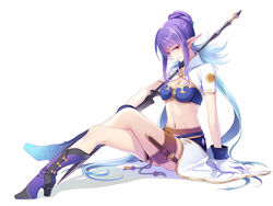  antennae blue_footwear blue_hair boots commentary_request female full_body gloves hair_bun judith_(tales) maro_(nikeneko523) pointy_ears polearm red_eyes short_hair single_hair_bun sitting skirt smile solo spear tales_of_(series) tales_of_vesperia weapon white_background 