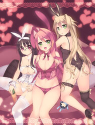  3girls akeome animal_ears arima_kanae arima_senka arima_senne ass bare_legs bare_shoulders black_legwear blonde_hair blush bow breast_zipper breasts bridal_garter brown_hair carrot choker cleavage corset couch cross crotch_zipper elbow_gloves fake_animal_ears frills garter_belt glasses gloves green_eyes hairband hand_on_own_thigh happy_new_year heart high_heels highres holding_hands interlocked_fingers jewelry kashiwamochi_yomogi kneeling kotoyoro lingerie long_hair looking_back medium_breasts mobu_yuri mother_and_daughter multiple_girls navel necklace new_year open_mouth original panties photoshop_(medium) pillow pink_hair playboy_bunny rabbit_ears red_eyes red_hair ribbon sex_toy shoes siblings single_thighhigh sisters sitting smile thighhighs underwear vibrator white_legwear white_panties wrist_cuffs zipper 