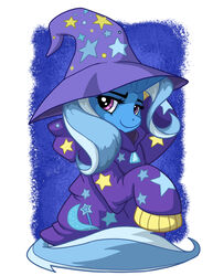  2016 blue_hair clothing equid equine eyebrows eyelashes female feral friendship_is_magic hair hasbro hat headgear headwear hi_res hoodie horn latecustomer mammal multicolored_hair my_little_pony mythological_creature mythological_equine mythology purple_eyes solo sweater topwear trixie_(mlp) two_tone_hair unicorn white_hair wizard_hat 