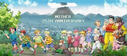  4girls 6+boys ana anniversary baseball_bat baseball_cap boney canine chichi_band claus cowboy_hat crossdressing doseisan english everyone flint glasses hair_ribbon hat highres hinawa jeff_andonuts kumatora loid lolicon lucas mother_(game) mother_(series) mother_1 mother_2 mother_3 multiple_boys multiple_girls musical_note ness ninten nintendo paula_polestar poo porky_minch ribbon salsa_(mother) shirt siblings striped striped_shirt teddy_(mother) tomatama 