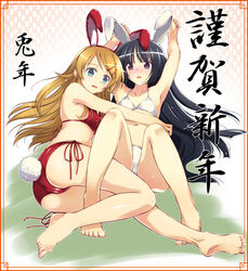  2girls animal_ears armpits arms_up artistic_error ayano_naoto bad_anatomy barefoot bikini black_hair blush brown_hair commentary_request feet gokou_ruri hair_ornament hairclip kousaka_kirino long_hair mole mole_under_eye multiple_girls ore_no_imouto_ga_konna_ni_kawaii_wake_ga_nai rabbit_ears swimsuit 