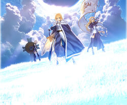  3girls ahoge armor armored_dress artoria_pendragon_(fate) bare_shoulders black_thighhighs blonde_hair blue_cape boots braid breasts cape capelet chains cloud day dress elbow_gloves excalibur_(fate/stay_night) fallstreak_hole fate/apocrypha fate/grand_order fate/stay_night fate_(series) faulds flag fur_trim gauntlets gloves glowing glowing_sword glowing_weapon grass greaves green_eyes hand_on_hilt headpiece highres hill jeanne_d&#039;arc_(fate) jeanne_d&#039;arc_(ruler)_(fate) long_hair lord_camelot_(fate) mash_kyrielight medium_breasts multiple_girls official_art purple_eyes saber_(fate) shield short_hair single_braid sky sunlight sword takeuchi_takashi thigh_strap thighhighs weapon 