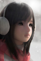  3d brown_eyes brown_hair commentary_request earmuffs female hinemaru lips long_hair original portrait scarf solo 