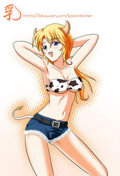  animal_ears blonde_hair blue_eyes breasts cleavage cow_ears cow_girl cow_print cow_tail denim denim_shorts female long_hair original print shorts solo tail wox 