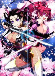  2girls alternate_hairstyle armor black_hair bodystocking breasts cherry_blossoms china_dress chinese_clothes commentary_request detached_sleeves dragon_girl dress dual_wielding eyebrows fishnets greaves hair_intakes hair_ribbon hair_rings highres holding horns huge_breasts ishida_akira karyuu_koujo large_breasts lens_flare long_hair making-of_available maou_(maoyuu) maoyuu_maou_yuusha multiple_girls ninja ninjatou no_bra official_art pink_eyes ponytail promotional_art purple_eyes red_hair reverse_grip ribbon short_dress short_sword sideboob slit_pupils smile sword thighhighs weapon white_legwear 