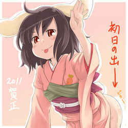  2011 :p animal_ears ass brown_hair carrot commentary_request female inaba_tewi japanese_clothes kimono myonde no_panties obi rabbit_ears rabbit_girl rabbit_pose rabbit_tail red_eyes sash short_hair solo tail tongue tongue_out touhou translated 