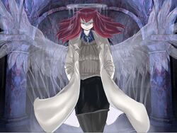  angel angel_wings female labcoat long_hair mon-musu_quest! pale_skin promestein promestein_(mon-musu_quest!) red_eyes red_hair solo wings 